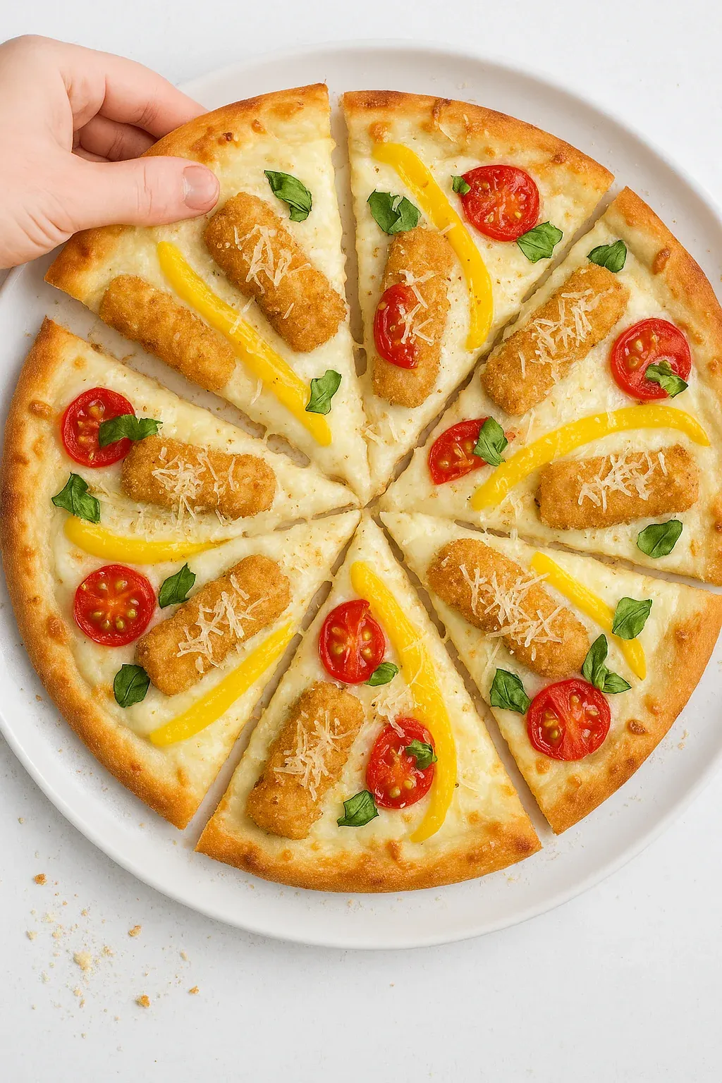 A pizza with chicken and tomatoes.