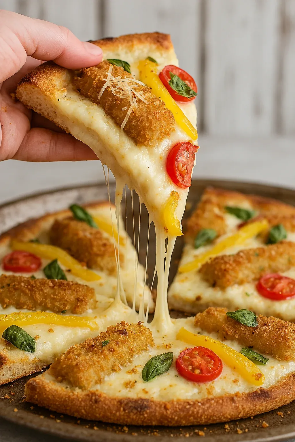 A slice of pizza with cheese and tomatoes.