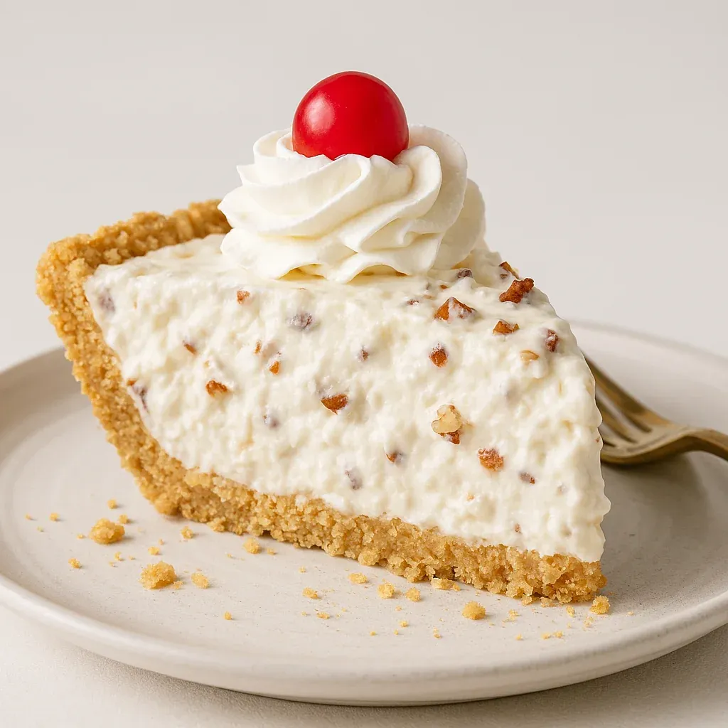 A slice of creamy pie topped with whipped cream.