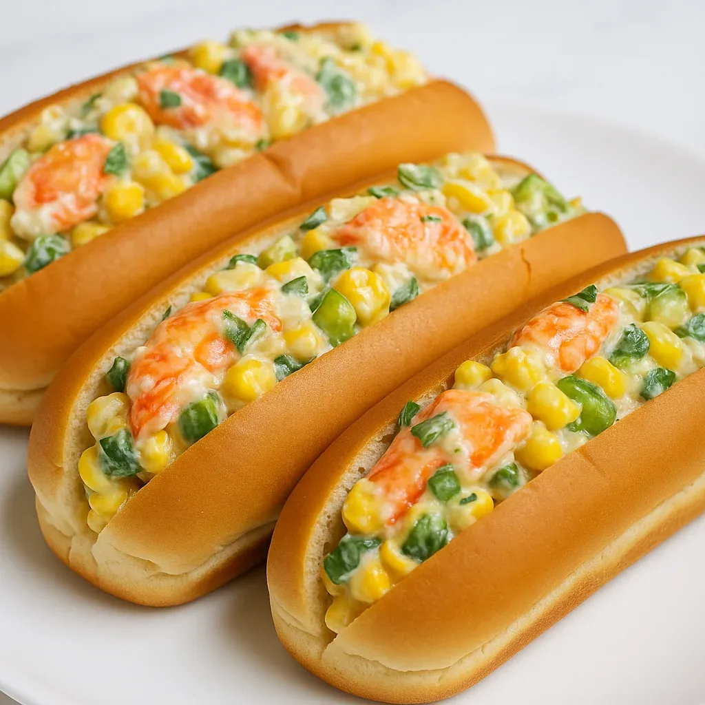 Warm buns filled with corn and lobster on a plate.