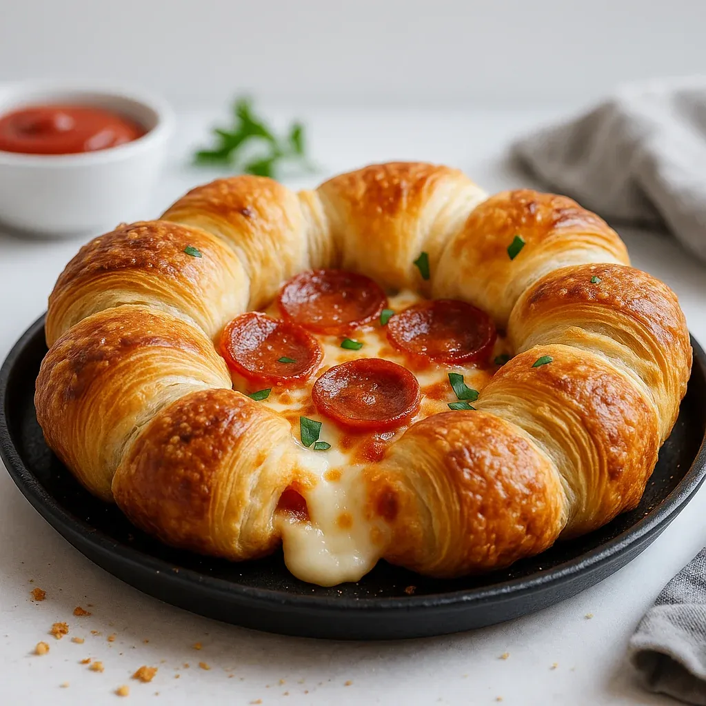 Flaky croissant stuffed with cheese and pepperoni.