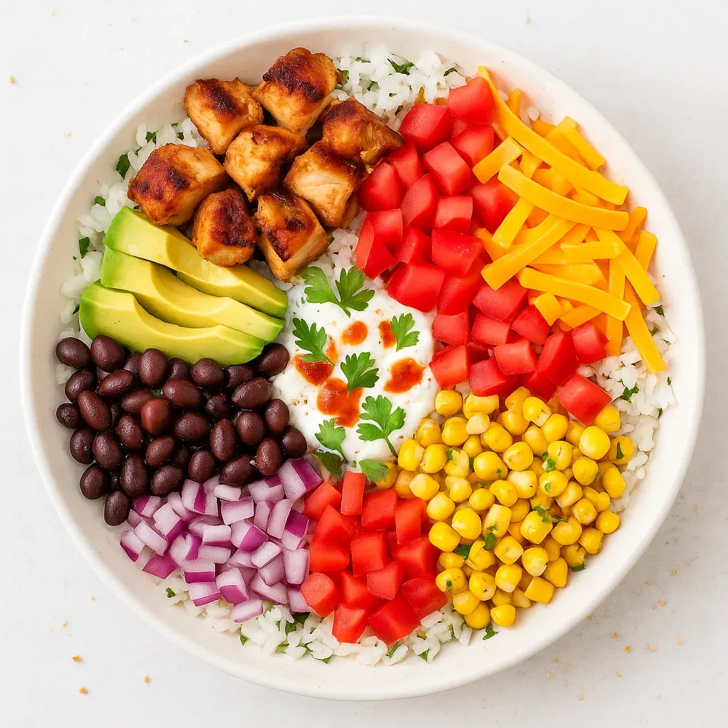 A bowl of food with rice, chicken, tomatoes, corn, and avocado.