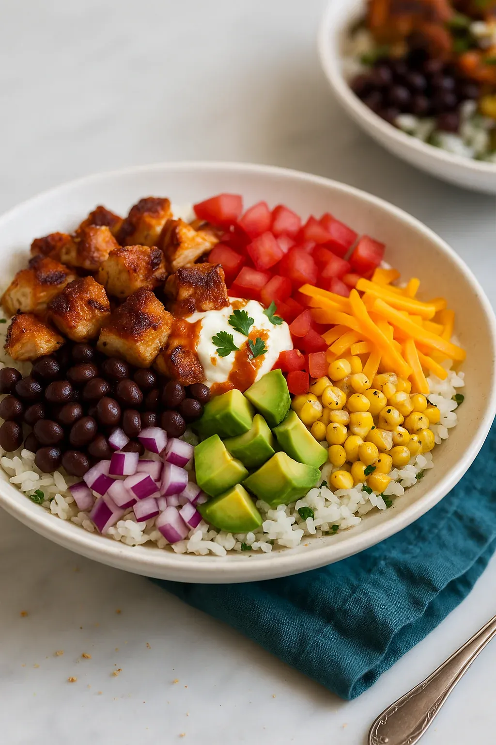 A bowl of food with rice, beans, tomatoes, corn, and avocado.