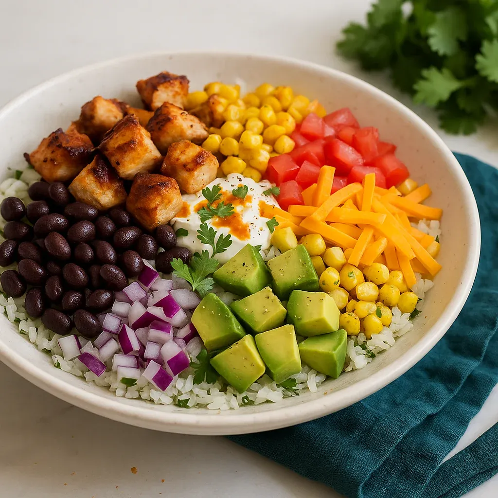 A colorful bowl with rice, beans, corn, avocado, and tomatoes.