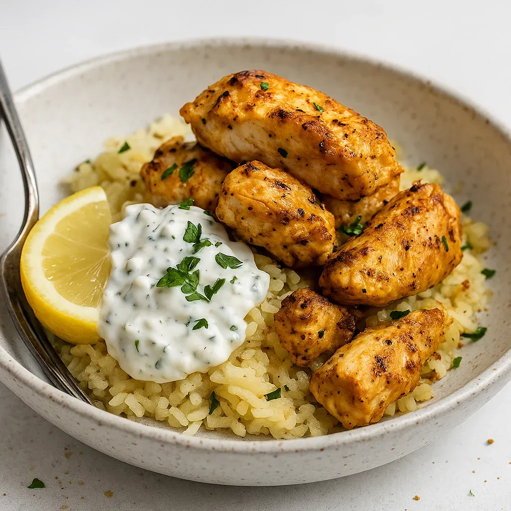 A plate of chicken and rice with a lemon wedge.