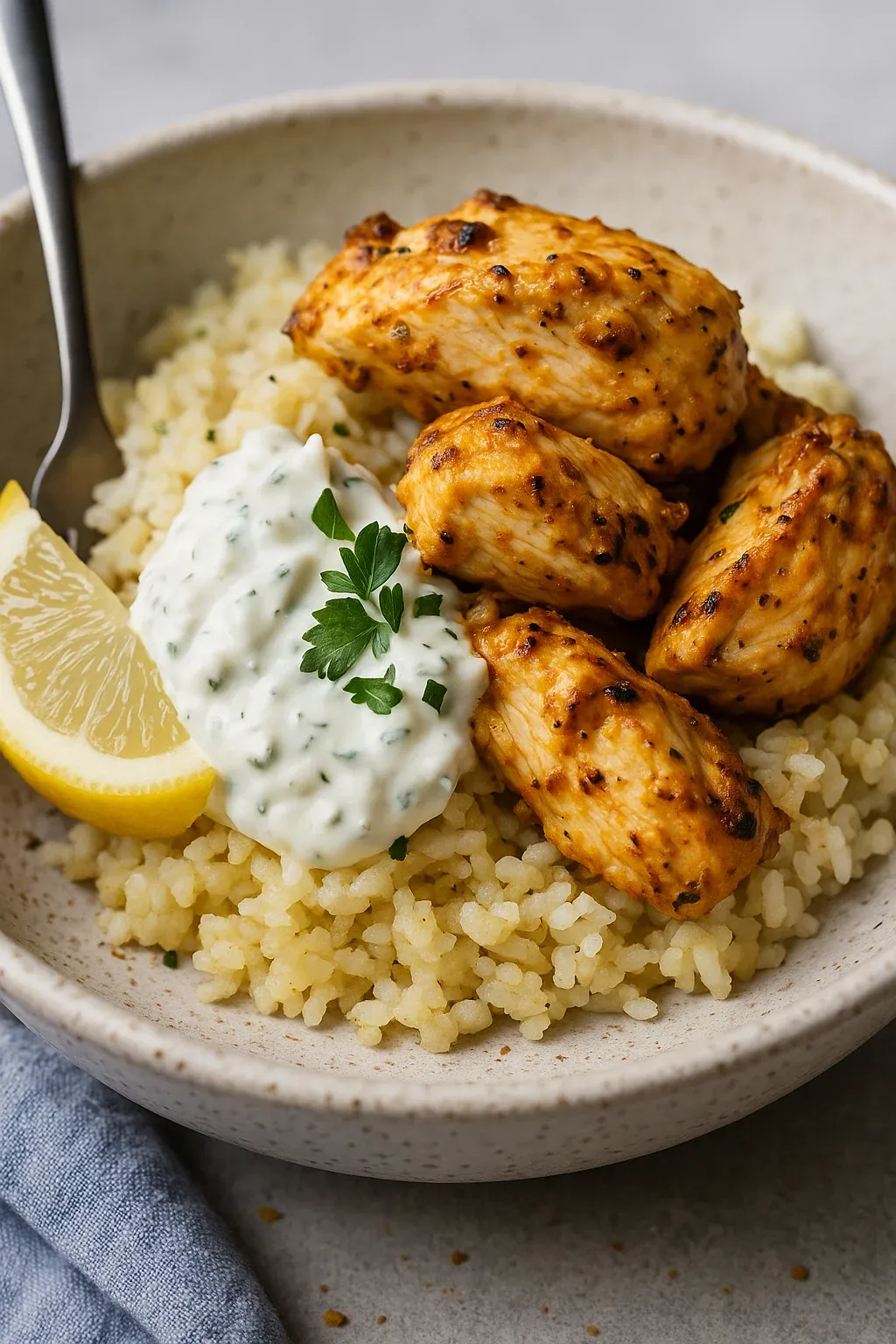 A bowl of rice with chicken and a lemon wedge.