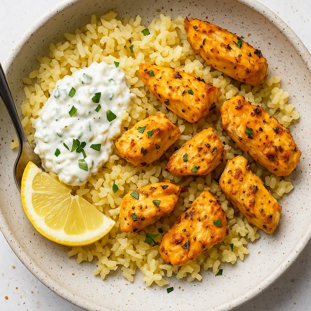 A bowl of rice with chicken and a lemon wedge.