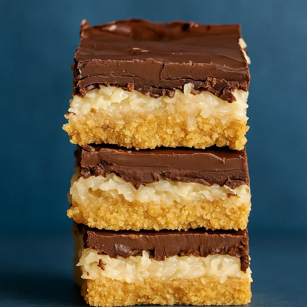 Three coconut and chocolate cookie bars stacked.