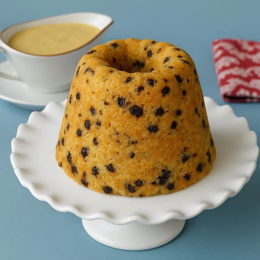 A chocolate chip cupcake on a plate.