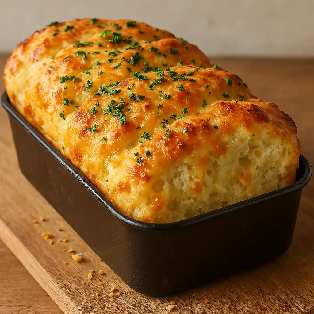 Golden cheese bread with herbs sprinkled on top.