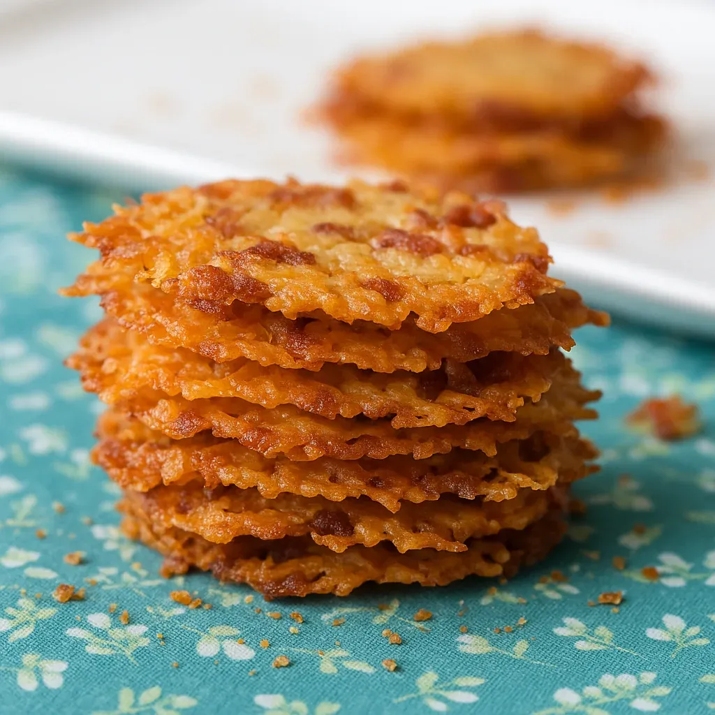 A pile of crunchy, golden crackers stacked together.