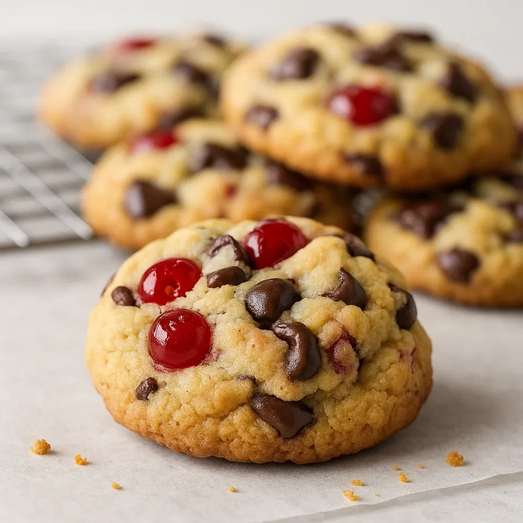 A cookie with cherries and chocolate chips.