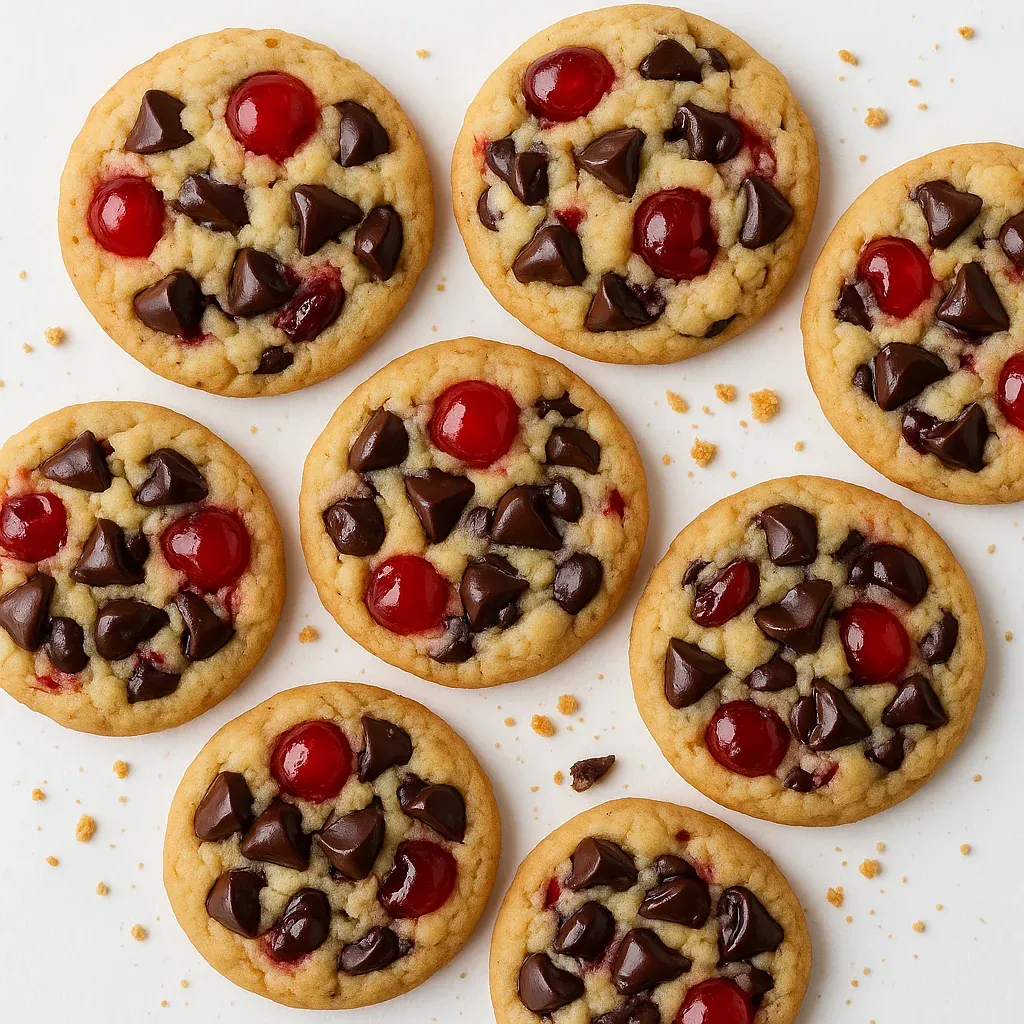 Chocolate chip cookies with red jelly.