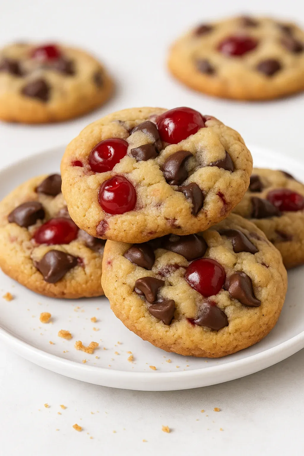 A plate of chocolate chip cookies with cherries on top.