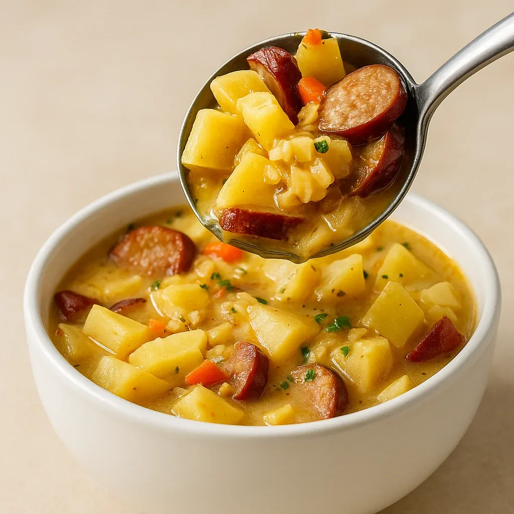 A spoon resting in a creamy bowl of soup.