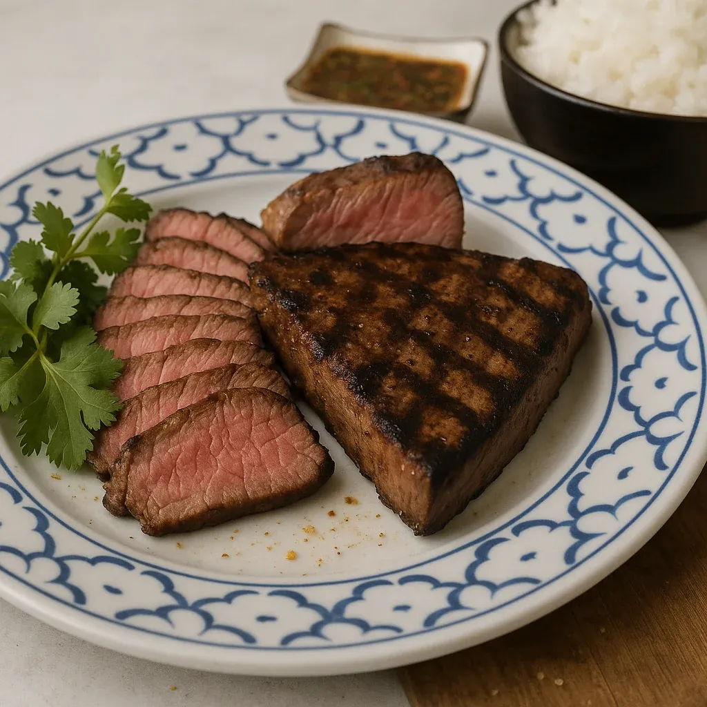 A plate holding grilled meat with rice on the side.