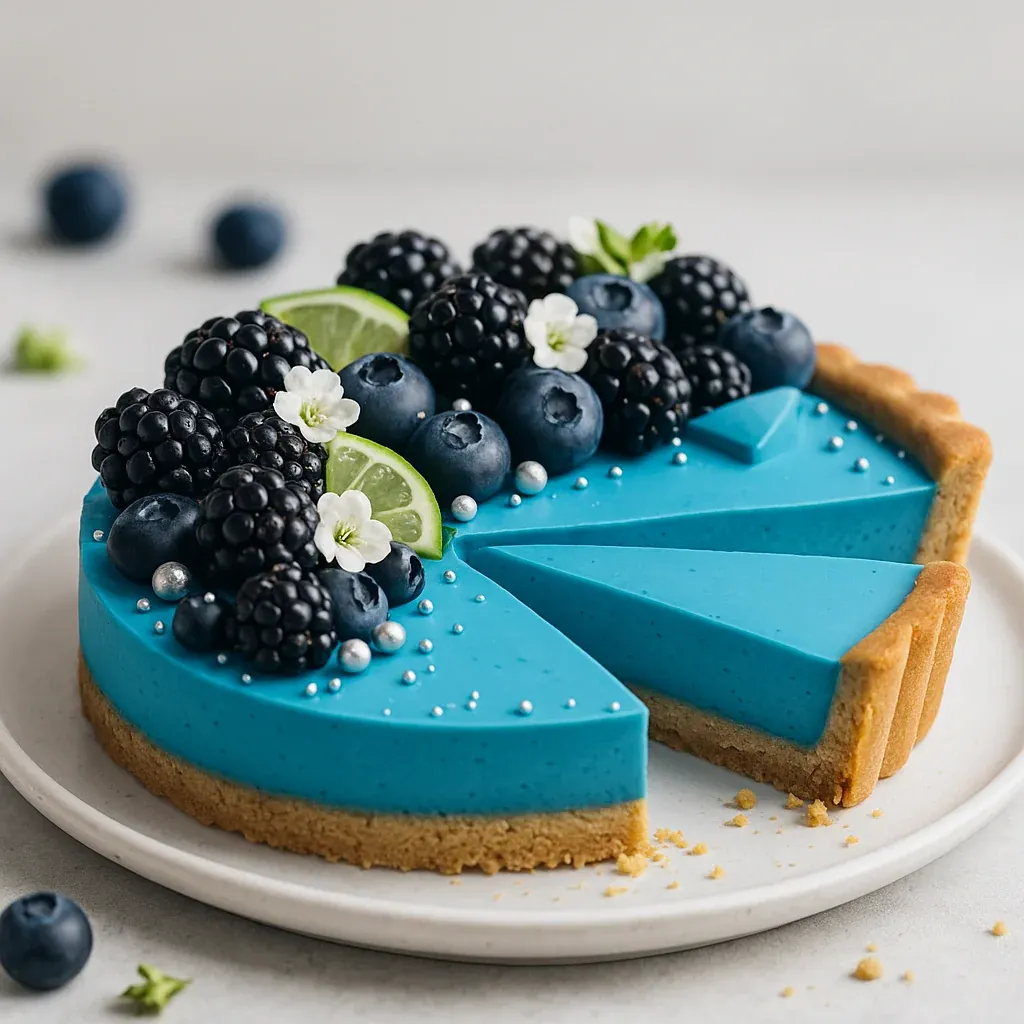 A single slice of tart topped with blueberries and lime.