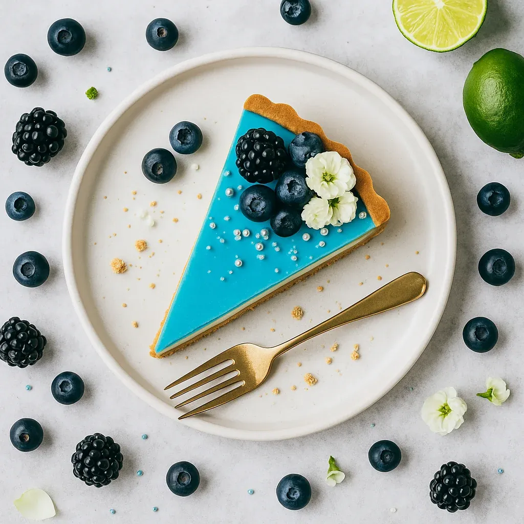 A slice of blueberry cheesecake on a plate.