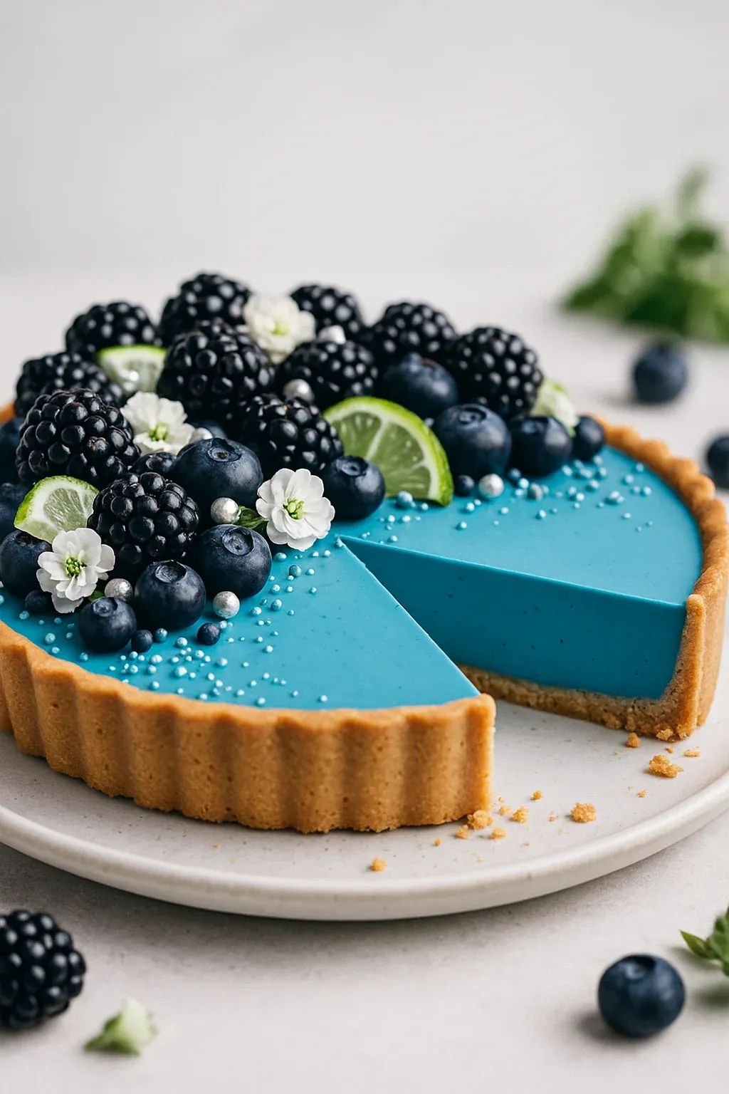 A slice of blueberry cheesecake with blueberries and limes on top.