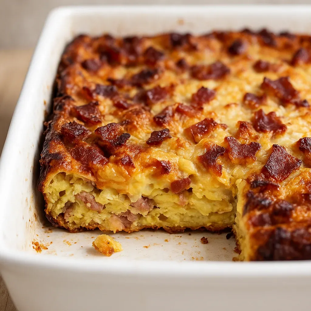 A serving of croissant bake packed with bacon and melted cheese in a white dish.