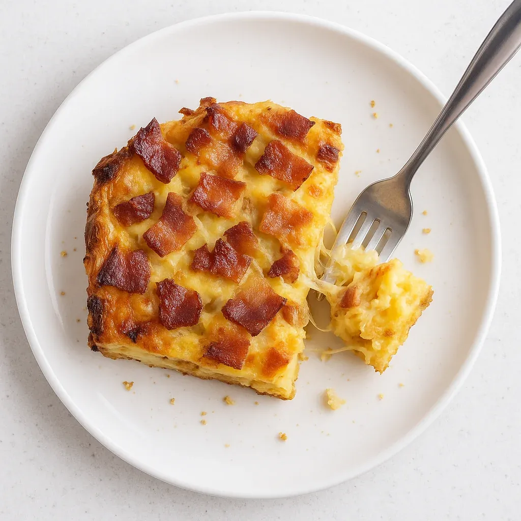 A piece of bacon and cheese casserole on a white plate.