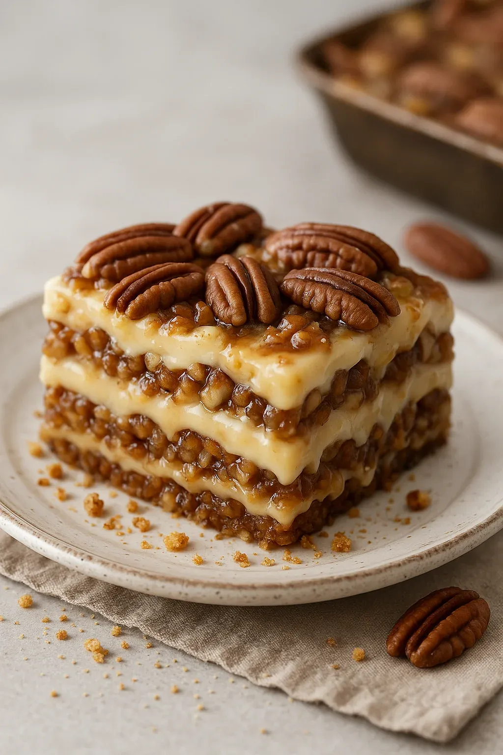 A slice of pecan pie on a plate.