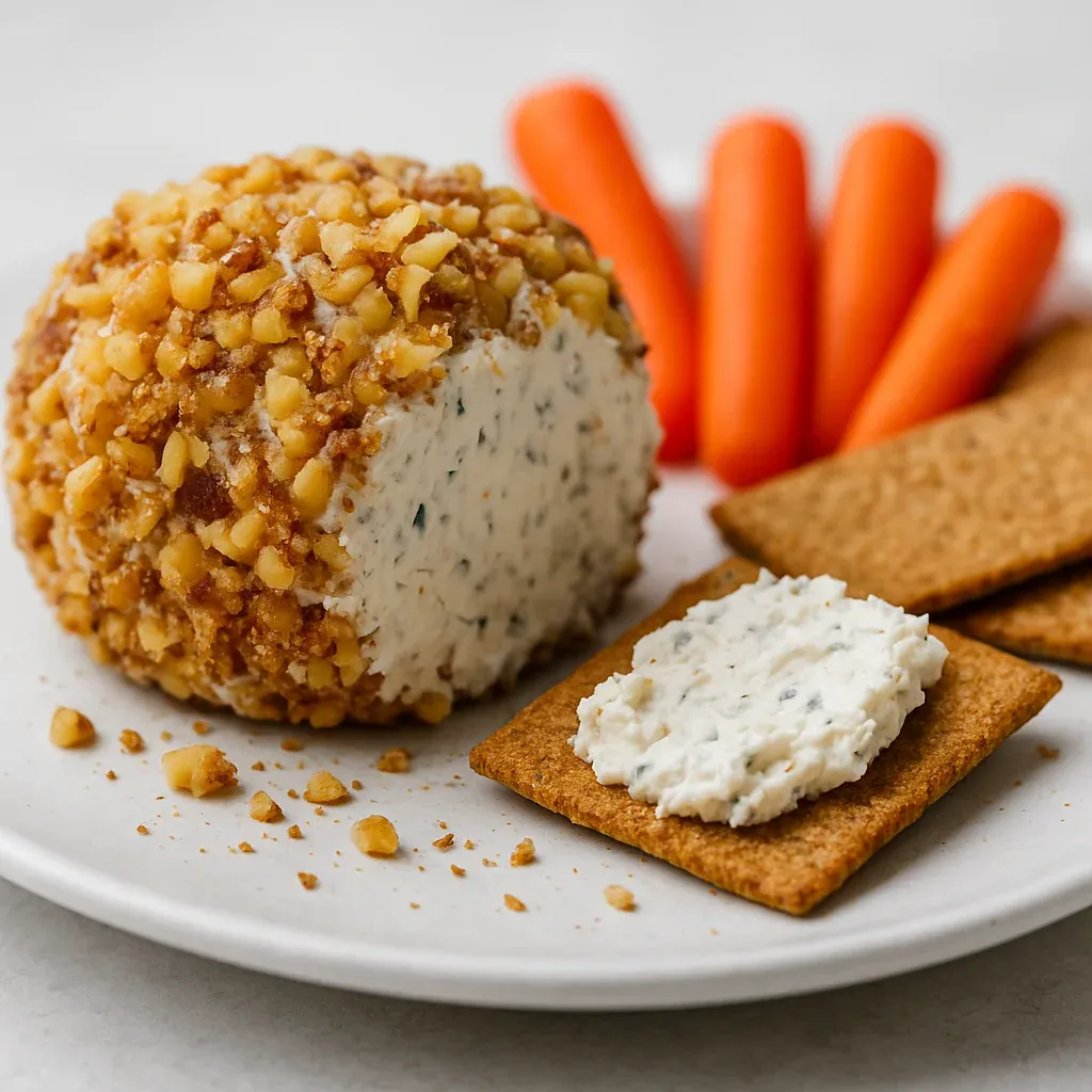 A table spread featuring a garlic cheese ball with crackers and dip.