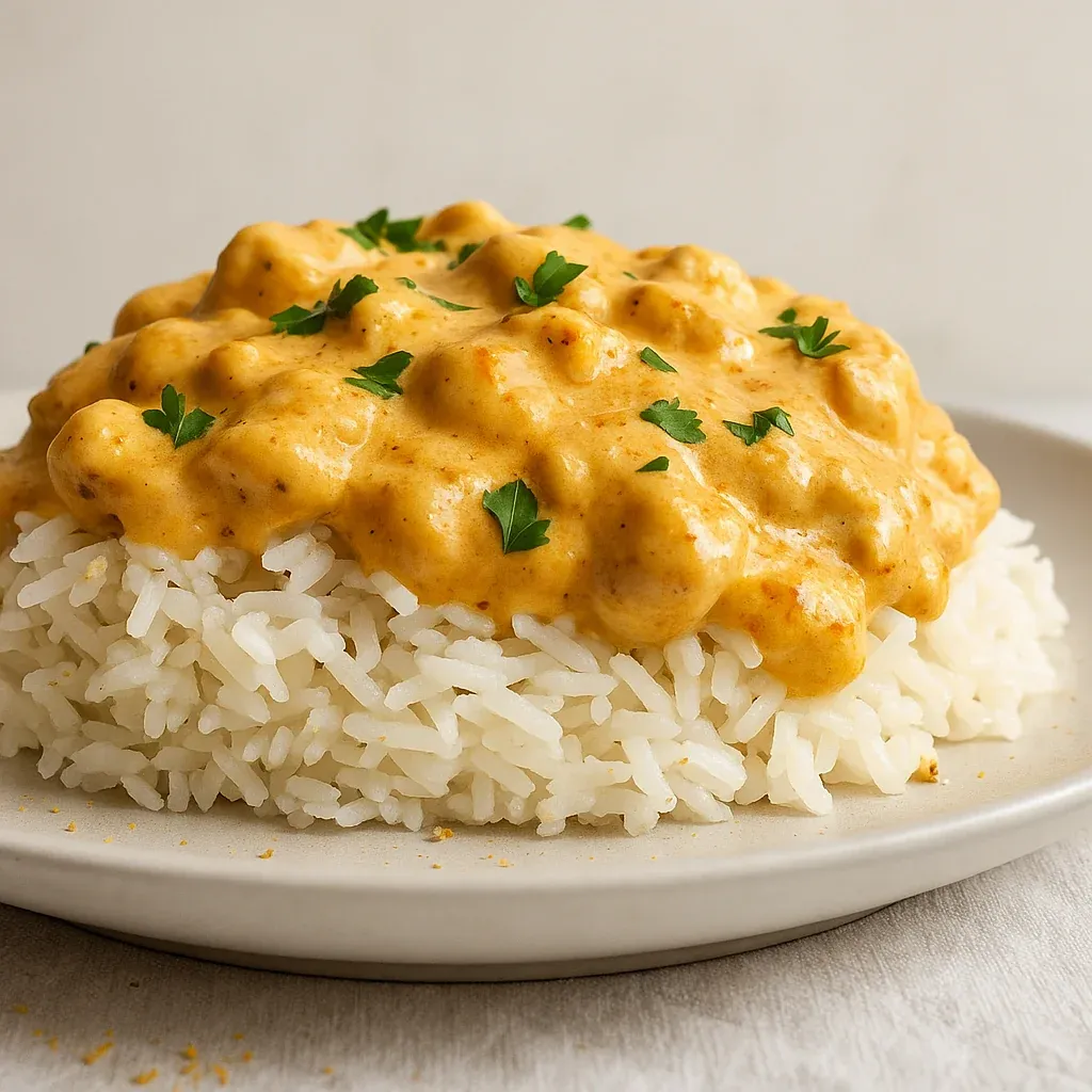 Rice topped with cheesy sauce and chicken.