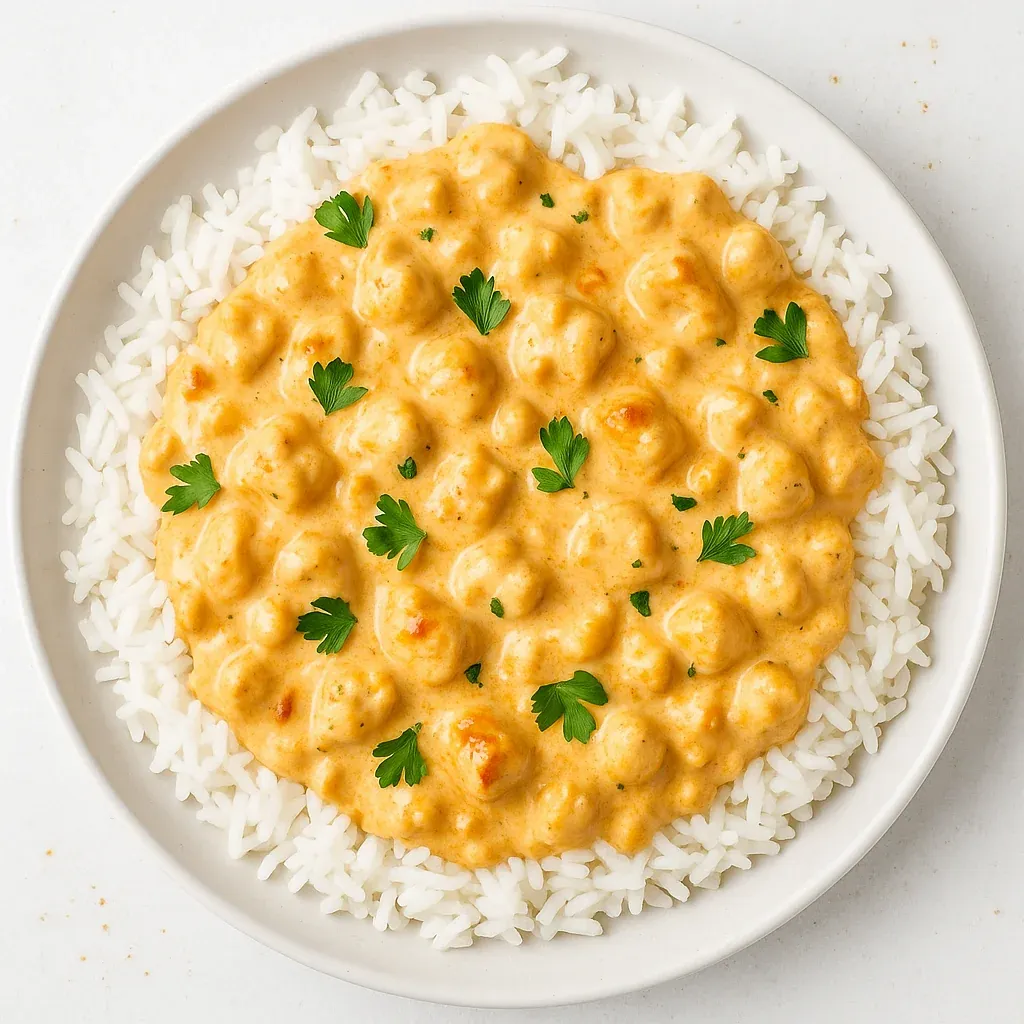 A plate of rice with a sauce on top.