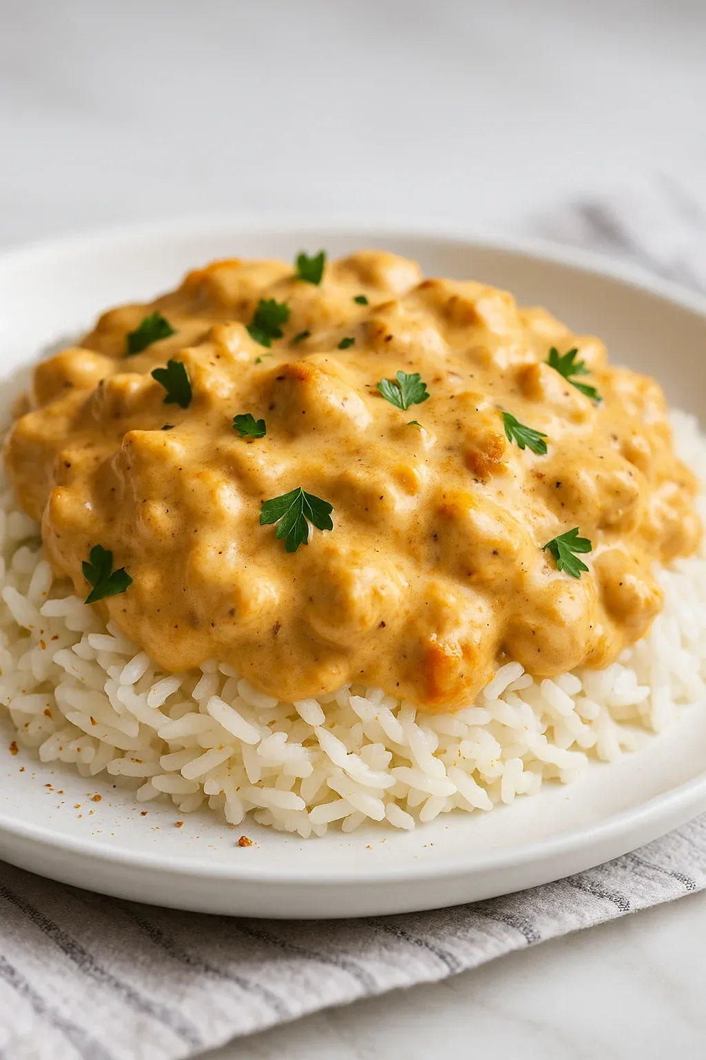 A white plate with rice and a creamy sauce.