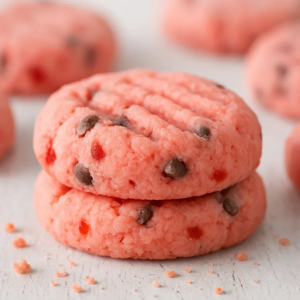 A batch of pink cookies studded with chocolate chips.
