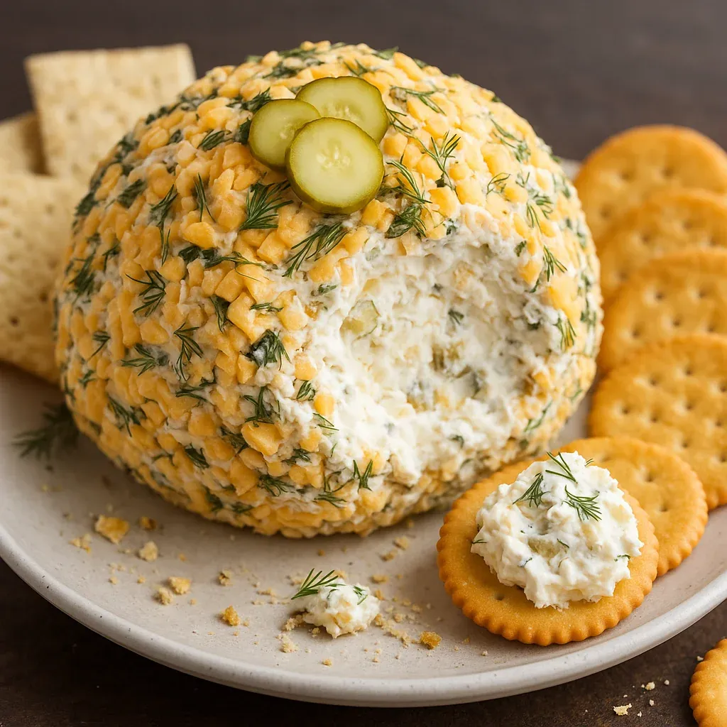 Crackers served with a dill cheese ball.