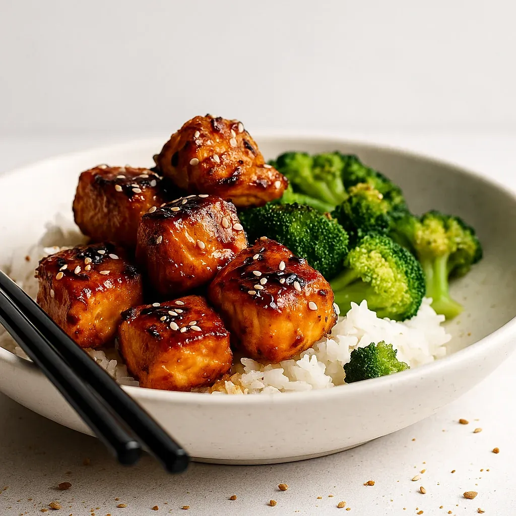 A dish of rice topped with broccoli and orange salmon.