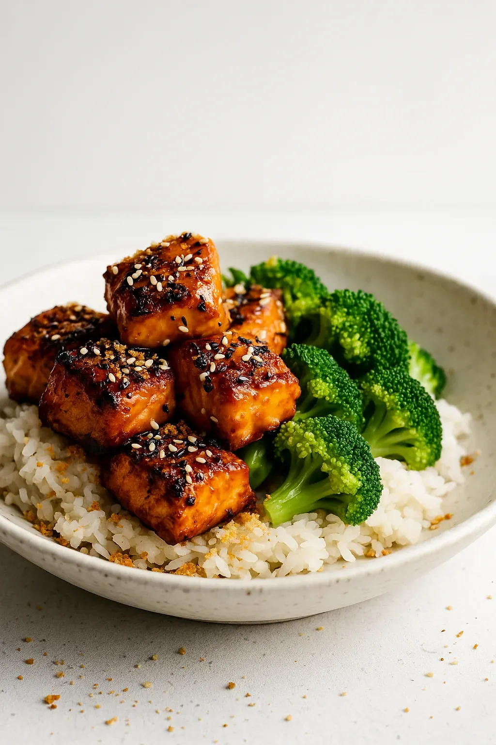A bowl of rice with broccoli and meat.