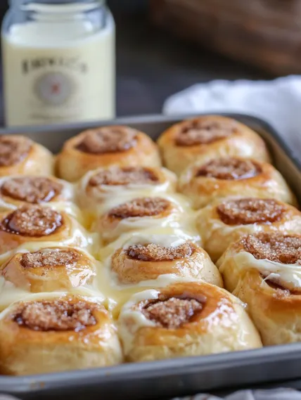 A pan of rolls with a bottle of whiskey next to it.