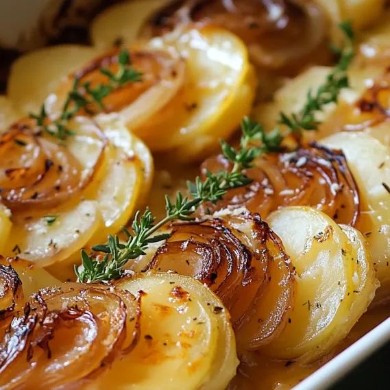 A casserole dish of melted cheese, onions, and potatoes.