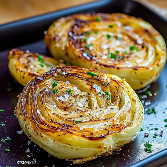 Dark tray holding two roasted cabbage slices.