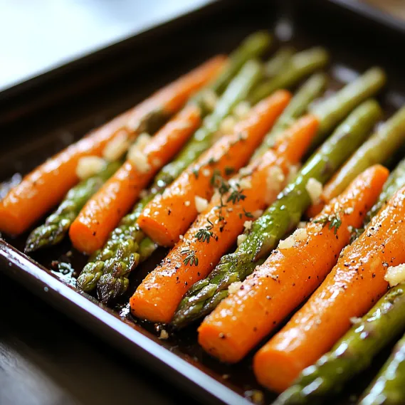 Carrots and asparagus on a baking sheet.
