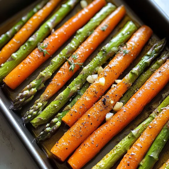 A pan of carrots and asparagus.