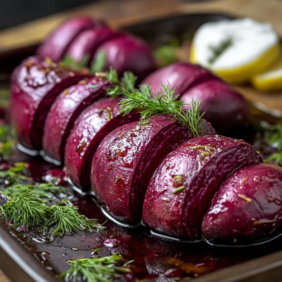 A vibrant plate featuring roasted beets and a lemon slice.