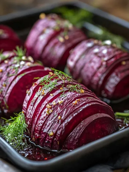A pan of beets with herbs on top.