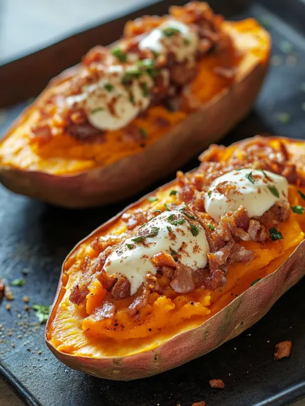 Two sliced pumpkins with bacon and cheese.