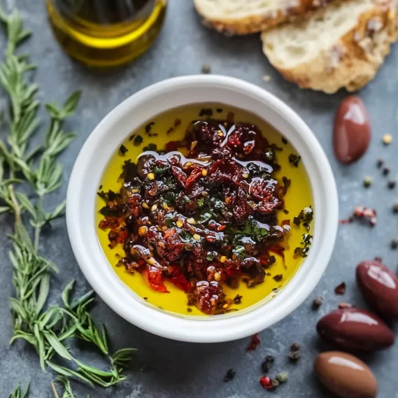A bowl of red peppers and oil.
