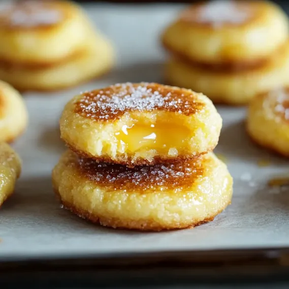 Baked cookies with golden sugar tops on a tray.