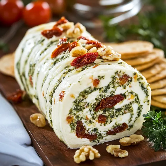 A nut-crusted cheese log with pesto and tomatoes.