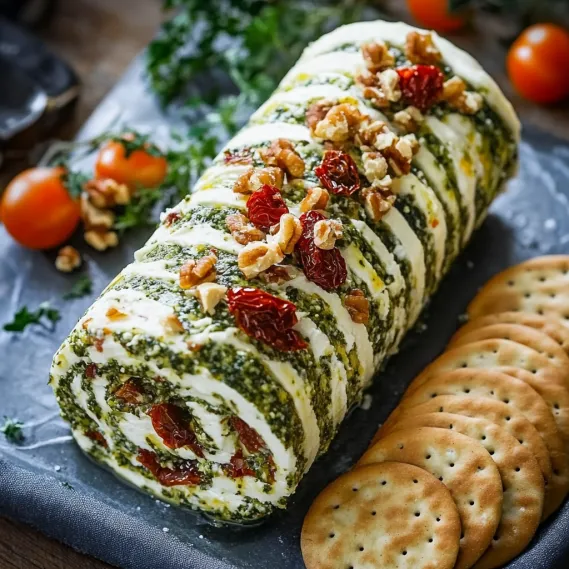 A cheese and nut roll on a table.