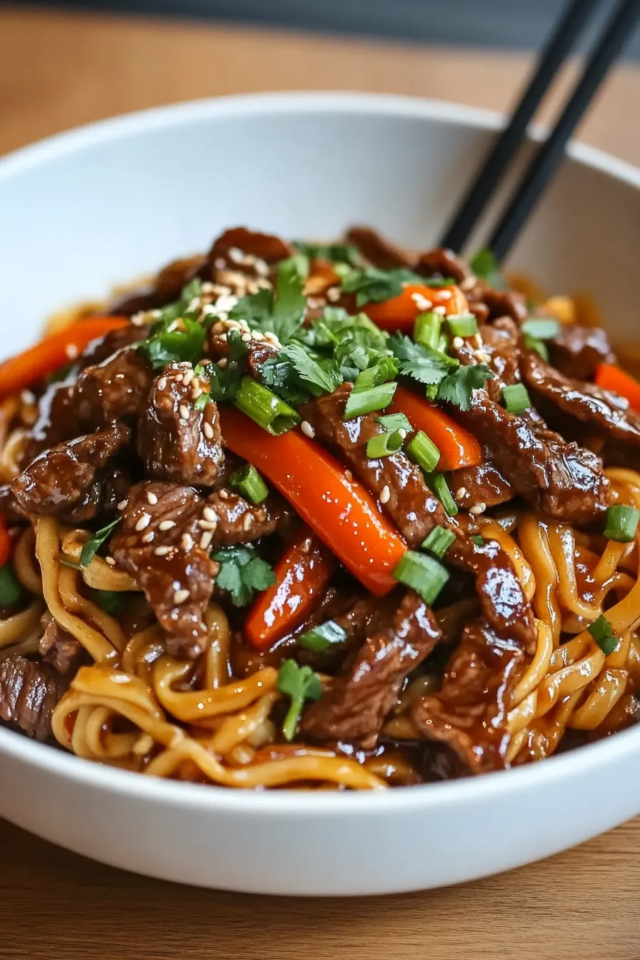 Close-up Hoisin Beef Noodles Recipe