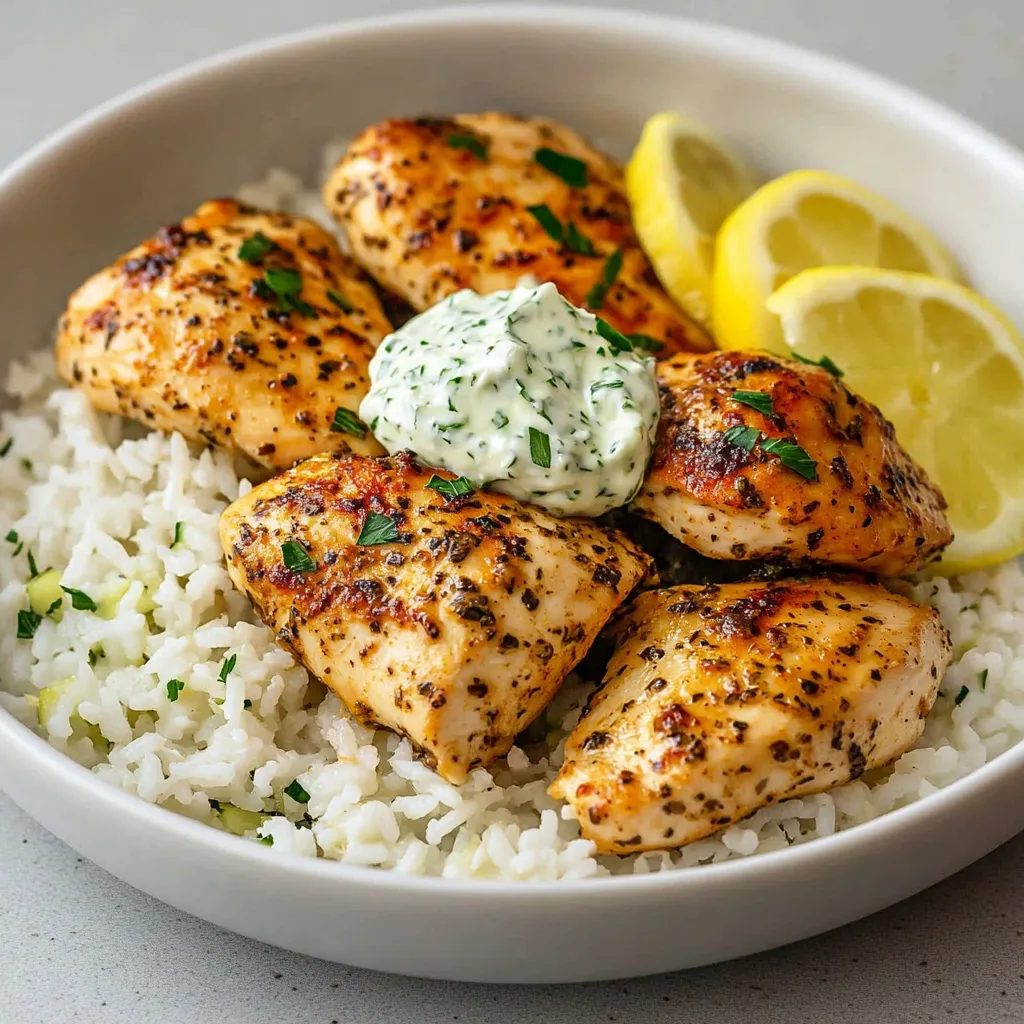 A bowl of rice with chicken and a lemon wedge
