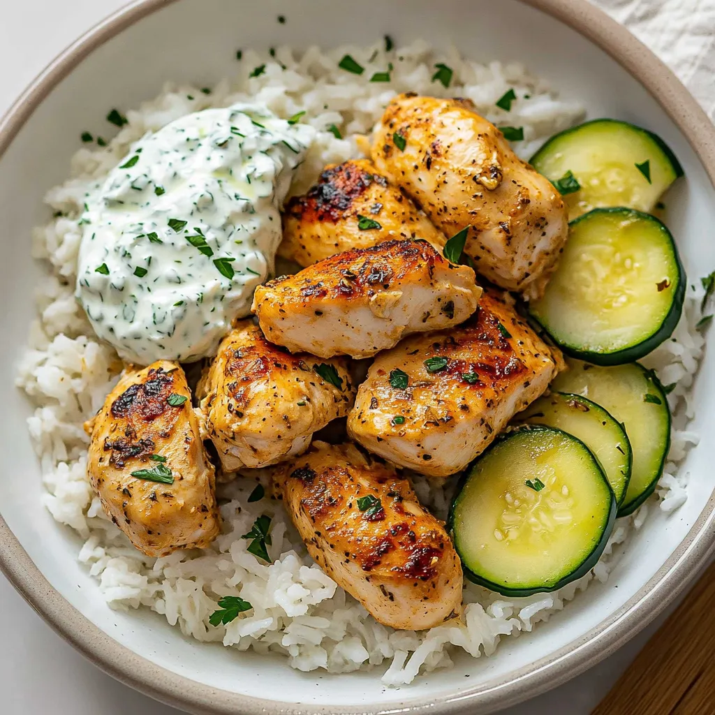 A bowl of rice with chicken and a lemon wedge
