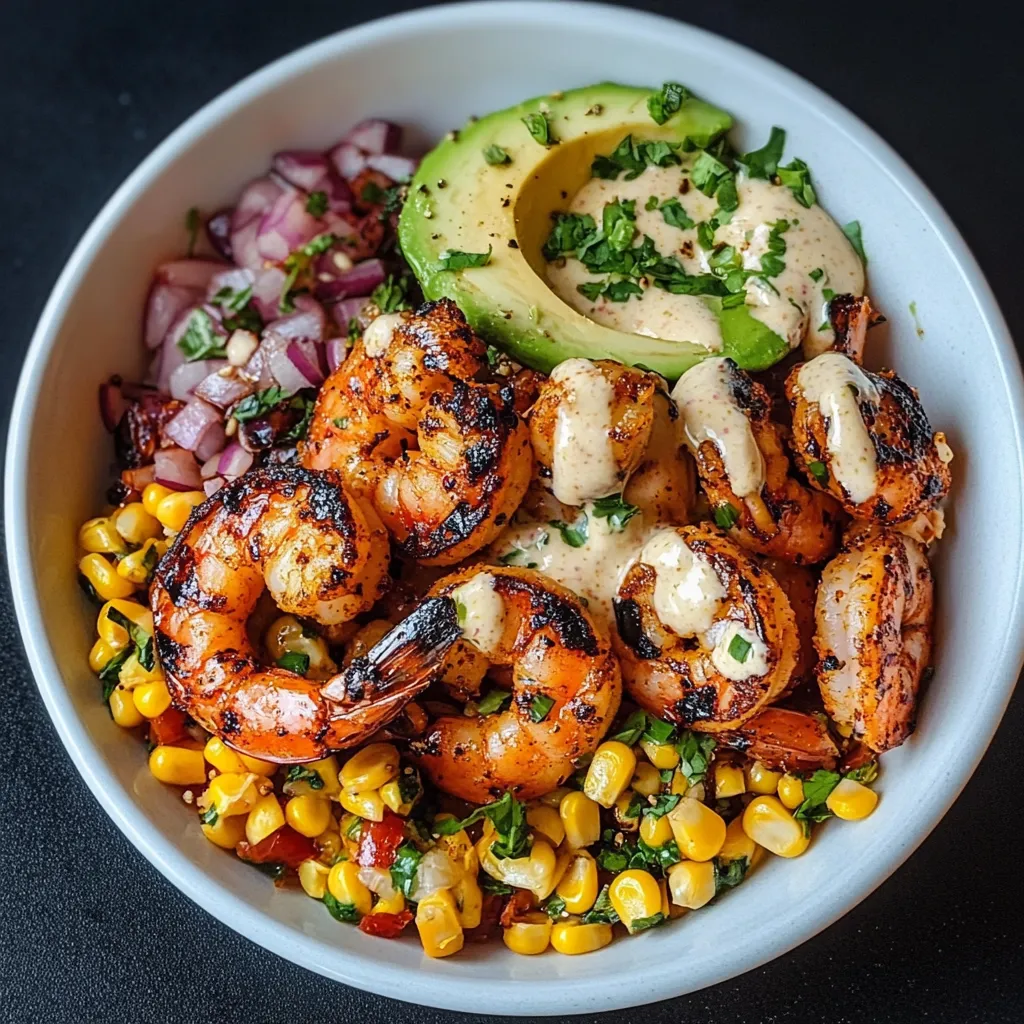 Grilled Shrimp Bowl with Avocado, Corn Salsa & Creamy Garlic Sauce